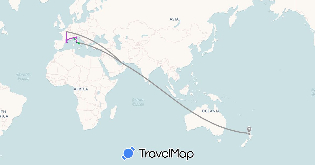 TravelMap itinerary: driving, bus, plane, cycling, train, hiking, boat in United Arab Emirates, Spain, France, Italy, New Zealand (Asia, Europe, Oceania)